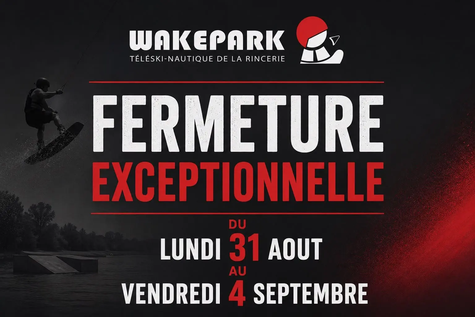 FERMETURE EXCEPTIONNELLE 📢Après un été bien mouvementé et rempli de beaux moments à vos côtés, toute l’équipe prend une petite semaine de repos bien méritée ! ☀️😎Le Wake Park sera donc fermé du lundi 31 août au vendredi 4 septembre inclus.🏄♂️🌊 On se retrouve dès le samedi 5 septembre pour reprendre les sessions de wake, les rafraîchissements et la bonne humeur ! 🍹Merci à tous pour cet été de folie ❤️
Profitez bien de la fin des vacances et à très vite sur l’eau ! ☀️🌊L’équipe du Wake Park